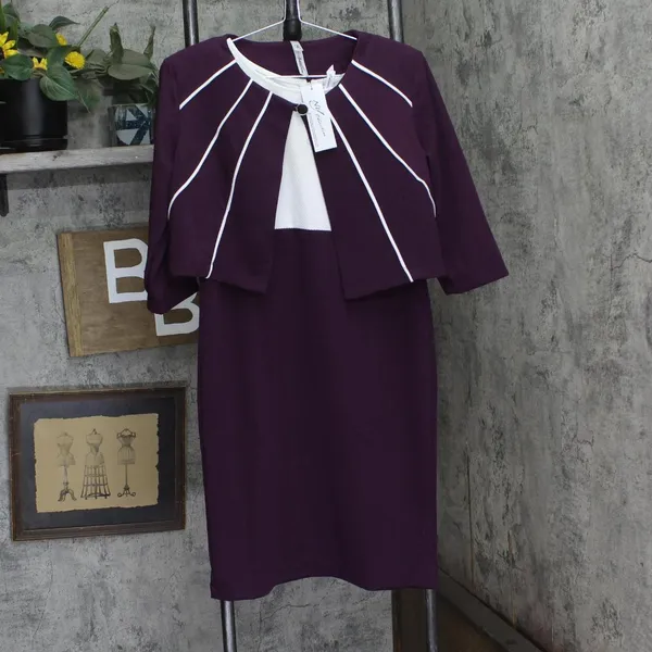 NWT Ny Collection Petite Two-Piece Dress Set with Jacket Plum Purple / White 10P - Image 4