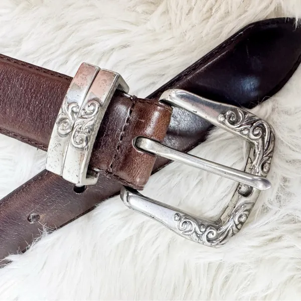 VINTAGE Fossil Brown Leather Western Engraved Silver Belt Medium Ornate Boho‎ - Image 3