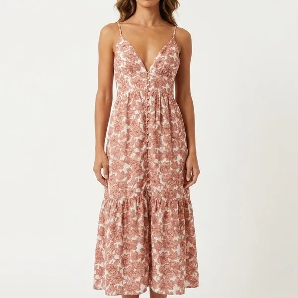 Abercrombie & Fitch Floral Linen Blend Maxi Dress Terracotta XLT Cottagecore - Image 2