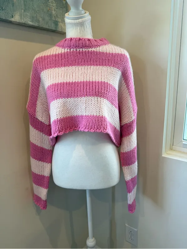 Edikted Pink and Cream Striped Cropped Crew Sweater - Image 2