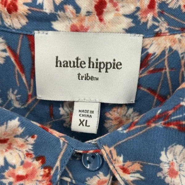Haute Hippie Tribe Blue Floral Long Sleeve Button Midi Shirt Dress XL Boho Indie - Image 3