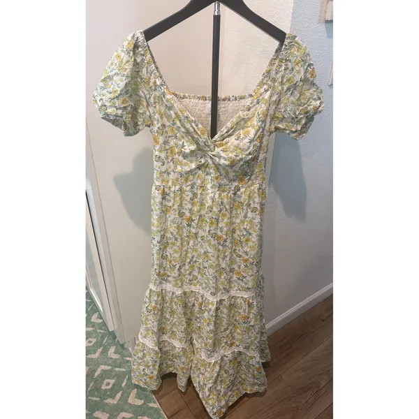 Japna Floral Cotton‎ Midi Dress Yellow White Puff Sleeve Tiered Lace Trim Size M - Image 2