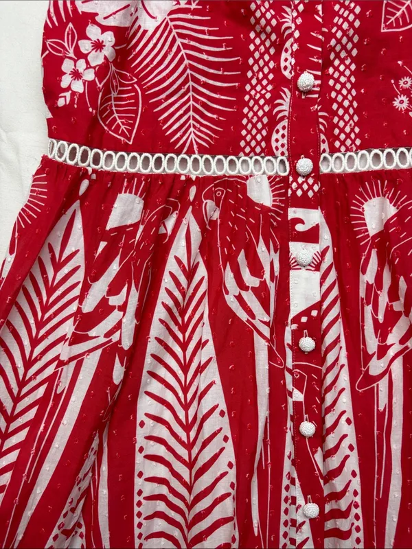 Farm Rio size small Red White Tropical Print Button-Front Maxi Dress vaca party - Image 3