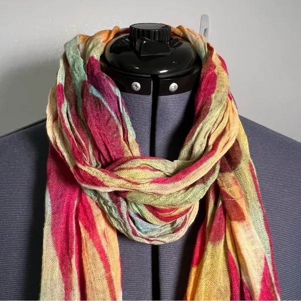 Rue 21 Women's Scarf Orange Yellow Magenta Pink Teal Fringe Hem Flower Rain - Image 2