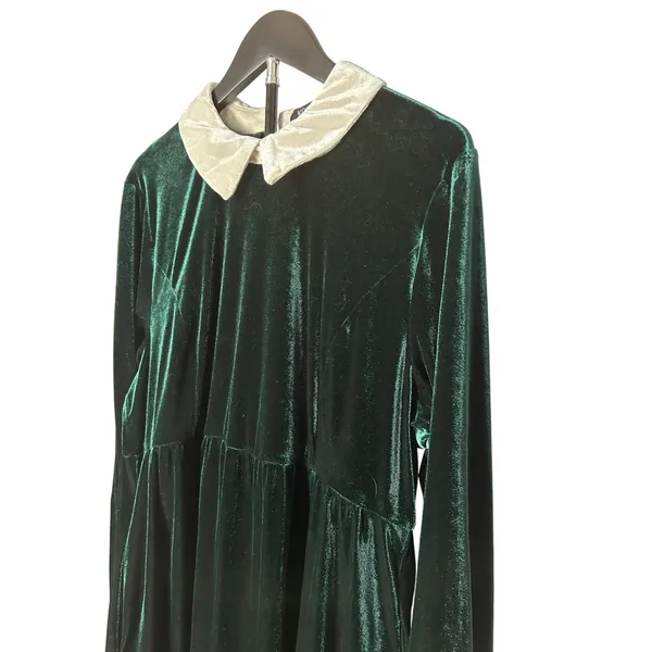 KOJOOIN Green Velvet Peter Pan Collar Dress 2XL Long Sleeve Pockets Dark Morii - Image 6