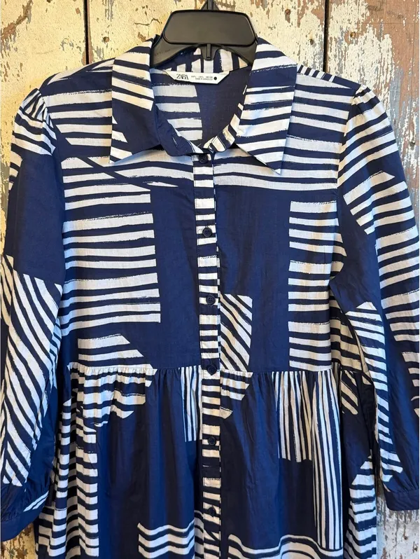 ZARA Blue & White Striped maxi Tiered Button-Up shirt Dress large - Image 2