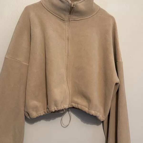 Tan Women's Soft Jacket Fleece Warm Zip Up size medium Minimalist Boho Trendy - Image 3