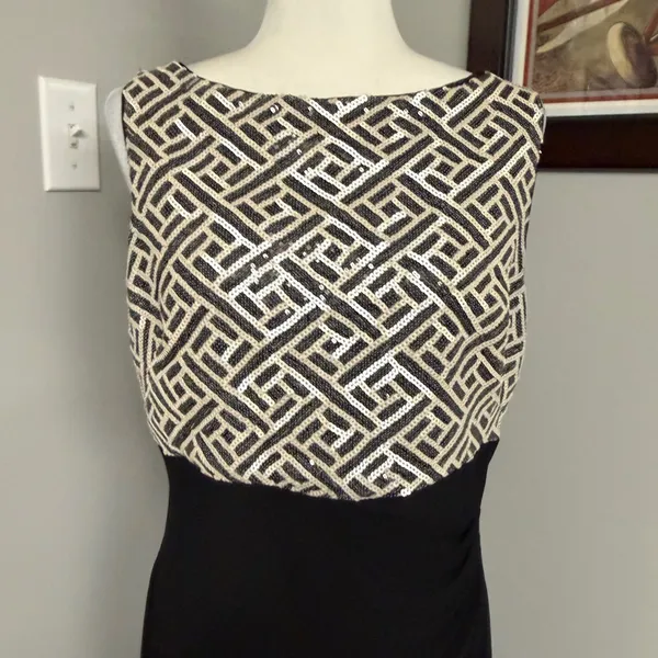 Lauren Ralph Lauren Sequin Geometric Bodice Ruched Sheath Dress Black Silver 14 - Image 2