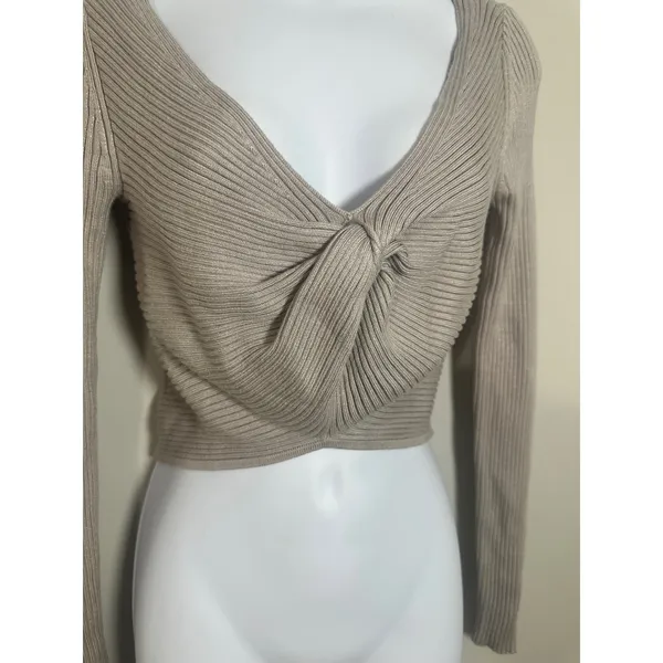 Abercrombie & Fitch Taupe Ribbed Twist Front Long Sleeve Crop Top Small - Image 2