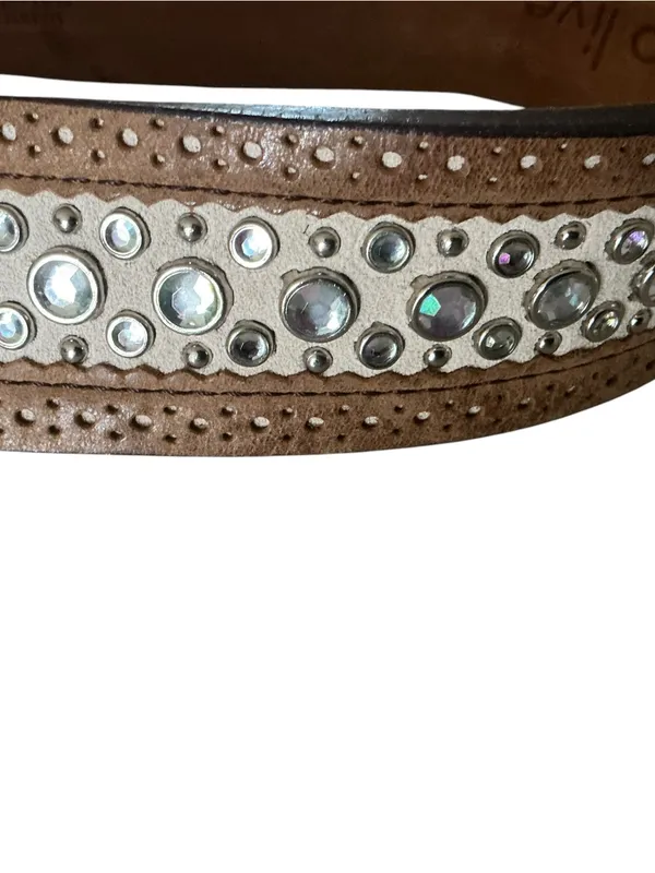 90s Vtg ARIAT belt brown embroidered leather silver floral buckle & rhinestones - Image 11