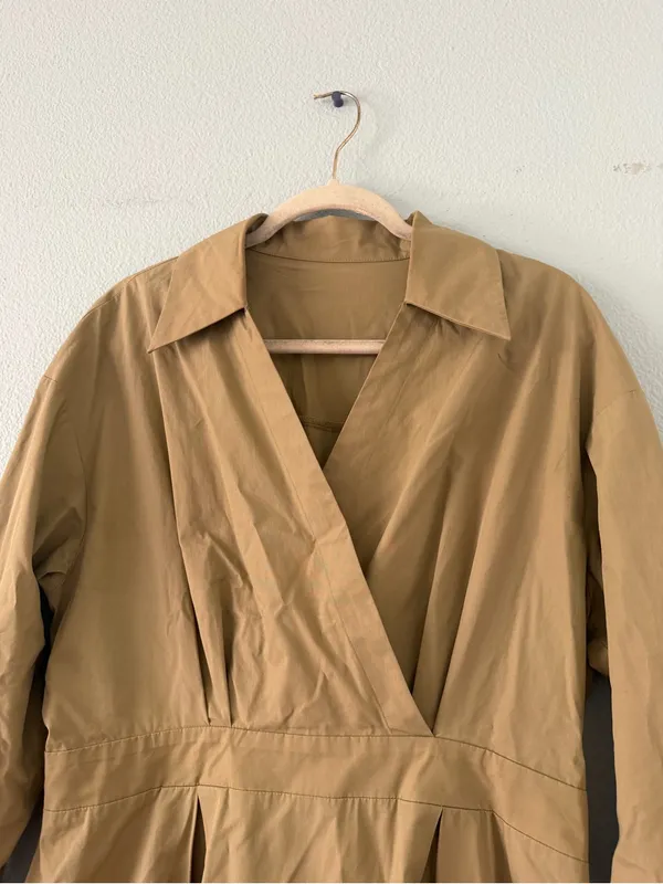 Cider Khaki 100% Cotton Wrap-Front Long Sleeve Midi Dress - Image 3