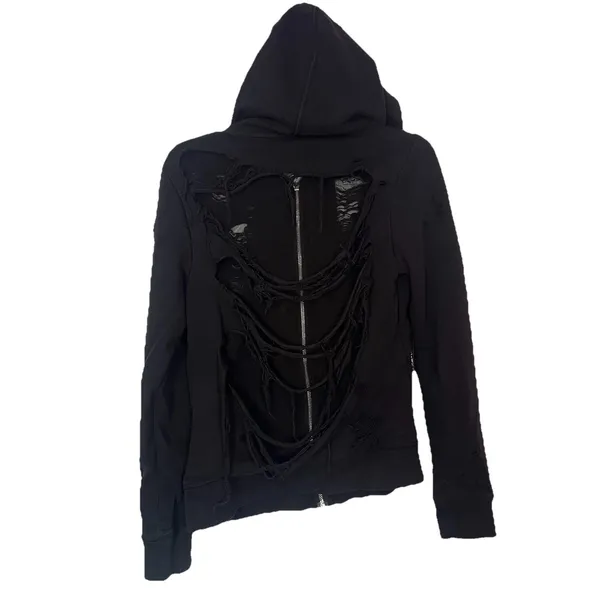 True Religion Full Zip Up Distressed Destroy Hoodie Black Ripped Mesh Goth Emo - Image 9