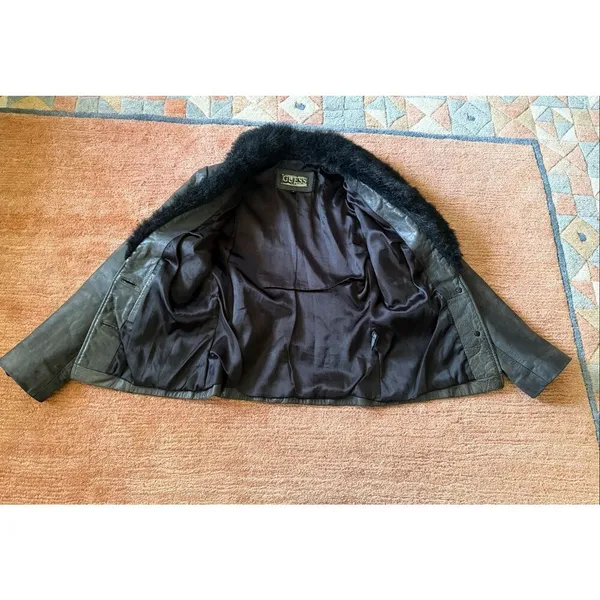 GUESS Dark Olive Genuine Leather Jacket with Black Faux Fur Collar Size S - Image 2