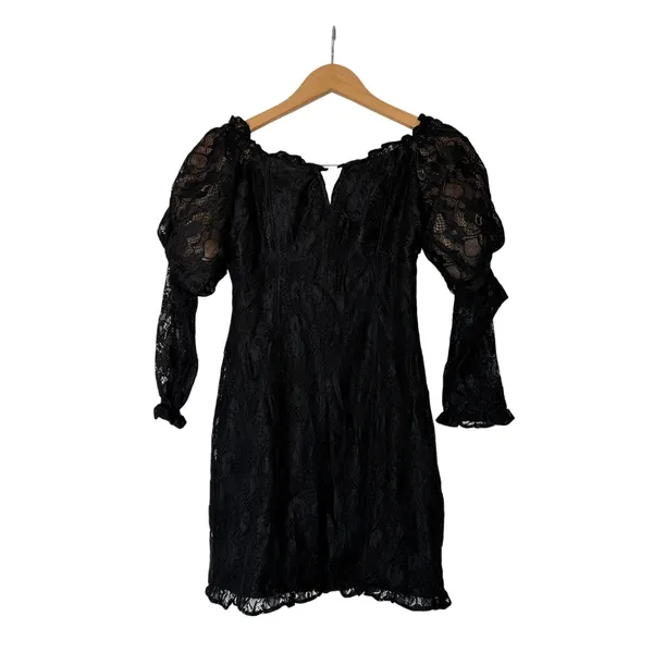 Endless Rose Off The Shoulder‎ Dress Size Medium Black Lace Fitted Long Sleeve - Image 5