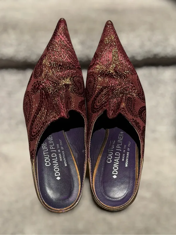 Donald J Pliner Couture Paisley Brocade Pointed Toe Kitten Heel Mules Y2K Glam - Image 9