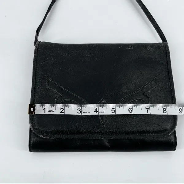 Vintage black leather cross‎ Body purse bag shoulder bag Tooled mid century - Image 7