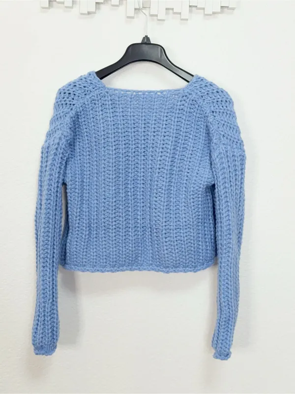 Miss Sparkling Blue Chunky Knit Cropped Cardigan Gold Button Pocket Sweater - Image 6