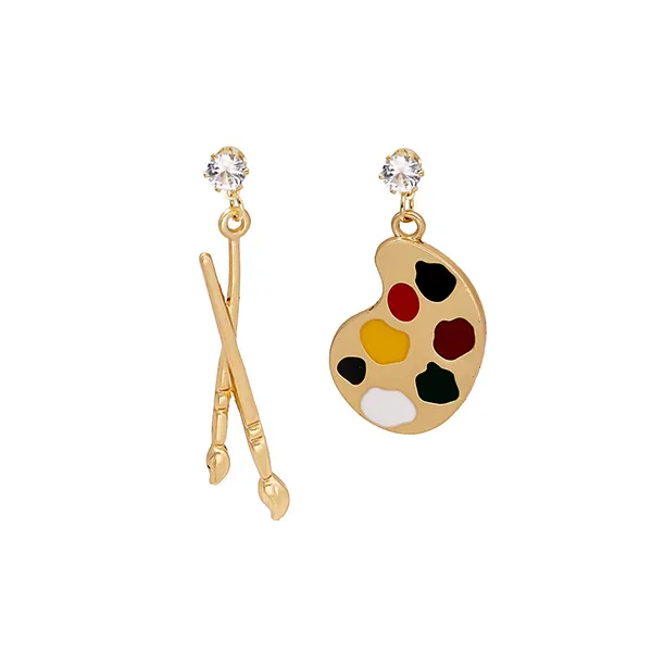 Asymmetrical Artist Earrings- Gold Art Palette Painter Paint Brush Jewelry Gift - Image 5