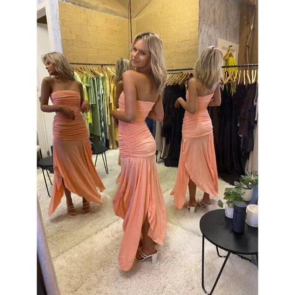 HOUSE OF CB Ivana Gathered Asymmetric Dress in Apricot Size Medium - Image 3