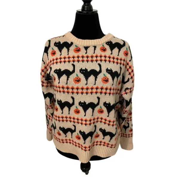 Source Unknown Halloween Sweater XL Black Cat Pumpkin Jack O Lantern Cream Knit Pullover - Image 2
