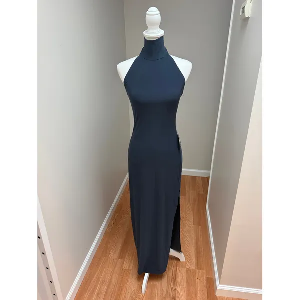 NEW Norma Kamali Halter Turtle Side Slit Gown Pewter Size XS - Image 4