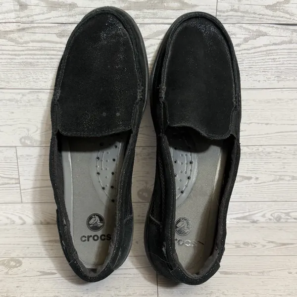 Crocs Walu Shoes‎ Women Sz 8 Shimmer Black Leather Slip On Loafers Flats 202303 - Image 4