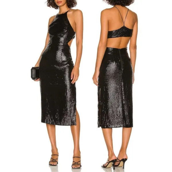 Bardot Easton Dress Size 6 Black Sequin Open Back Thigh Slit Midi Cocktail NWT - Image 16