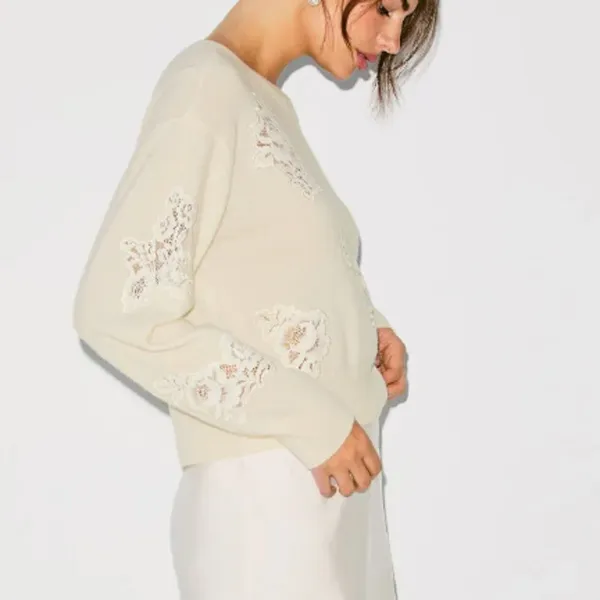 LoveShackFancy White Lace Crewneck Sweater XS Cashmere Romantic Designer $400 - Image 2