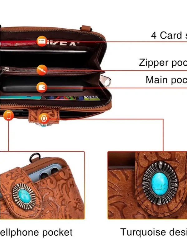 LAVAWA Tooled Brown Leather Crossbody Wallet with Turquoise Accent - Image 4