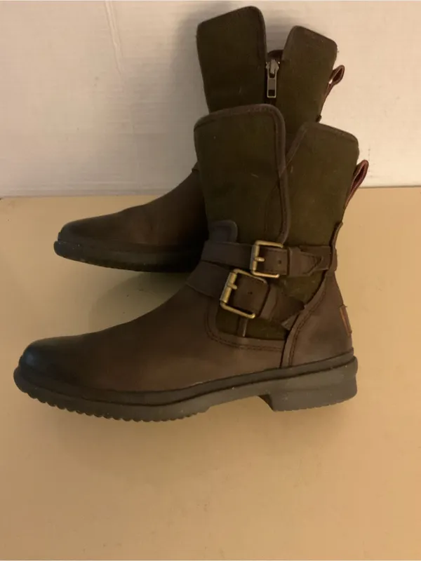 UGG women Brown Leather biker motorcycle Boots with Buckle Detail US 6 - Image 6