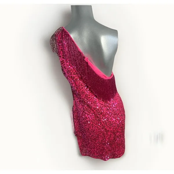 Rachel ALLAN 40150 Hot Pink Sequin One Shoulder Fringe Dress Size 12 NWT - Image 5