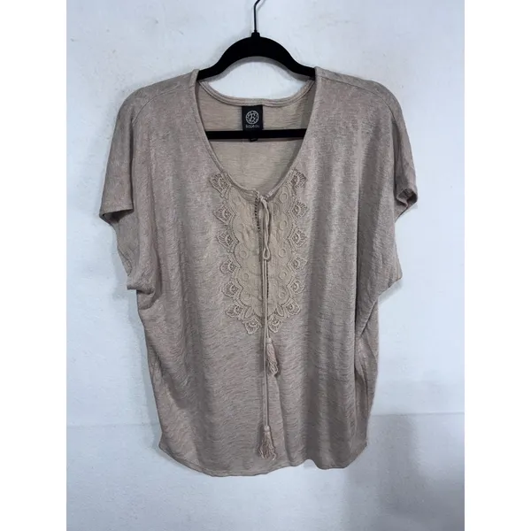 Bobeau‎ XL Tan Crochet Lace V-Neck Top Women's Boho Tassel Short Sleeve - Image 3