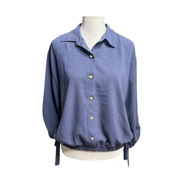 BCX Dusty Blue Button Front Blouse M Coastal Minimalist Preppy - Image 2