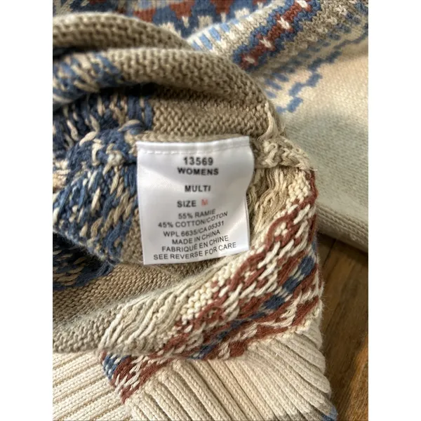 Woolrich Womens Fair Isle Quarter Zip Sweater Blue Cream Ramie Cotton Size M - Image 7