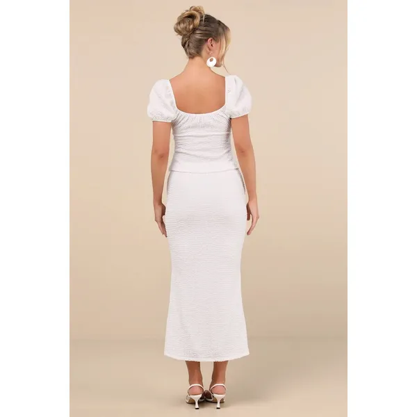New Lulus Esma White Textured Knit Puff Sleeve Two-Piece‎ Midi Dress Sz Small - Image 5