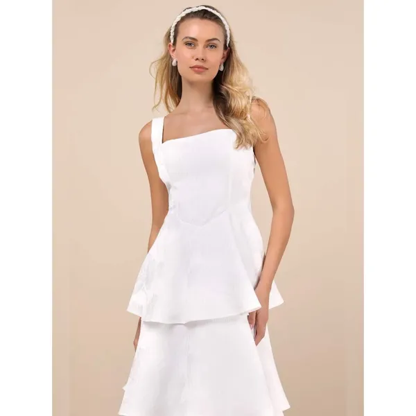 Lulus Elinore White Jacquard Tiered Midi Dress Size XL Feminine Bride Sleeveless - Image 3