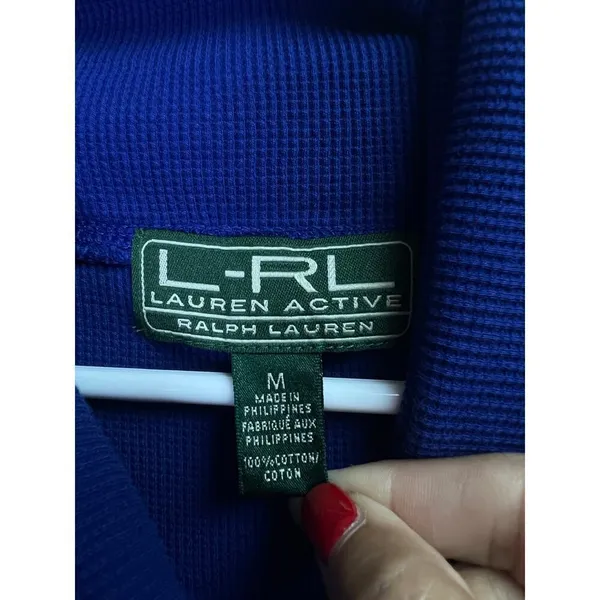 Lauren Ralph Lauren Active Waffle Knit Cowl Neck Kangaroo Pocket Blue Medium - Image 2