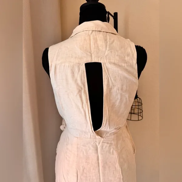 Anthropologie Linen Wrap Dress Cream Sleeveless Tie Waist XS - Image 6