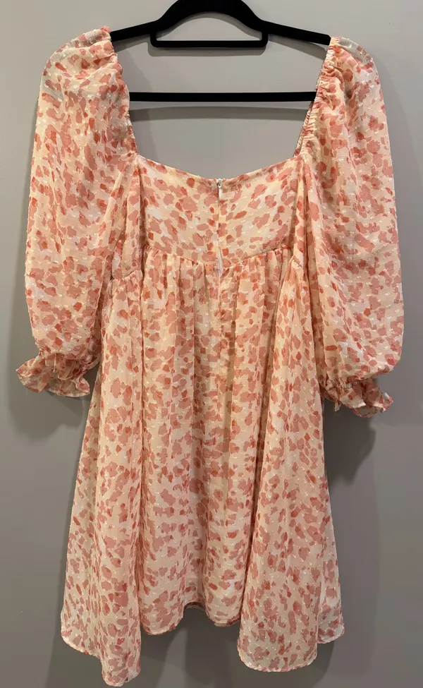 Storia Textured Patterned Puff Sleeve Square Neck Dress Cream / Blush Pink - Image 5