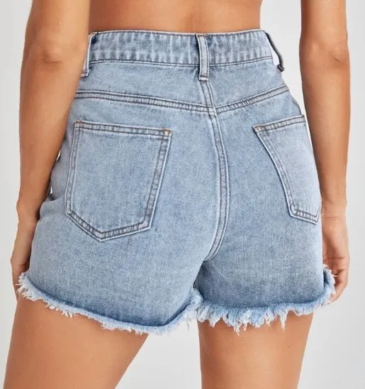 SheIn High Waist Ripped Raw Hem Denim Shorts - Image 2