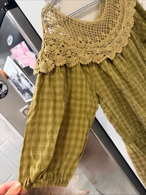 Entro Olive Green Gingham & Crochet Boho Tunic Dress S - Image 3