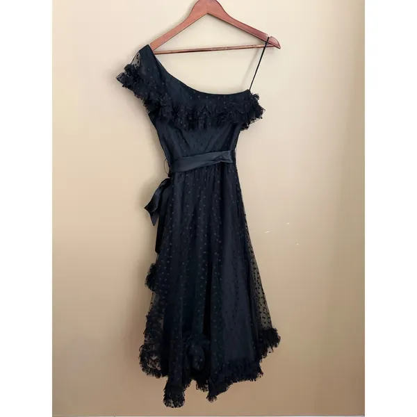 VTG 80s Black Swiss Tulle Dot One Shoulder Cocktail Dress Size 10 Whimsigoth - Image 6