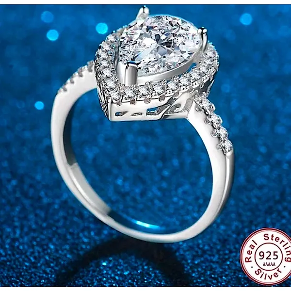 3ct Pear Halo‎ Ring | Rhodium Plated 925 Sterling Silver - Image 12