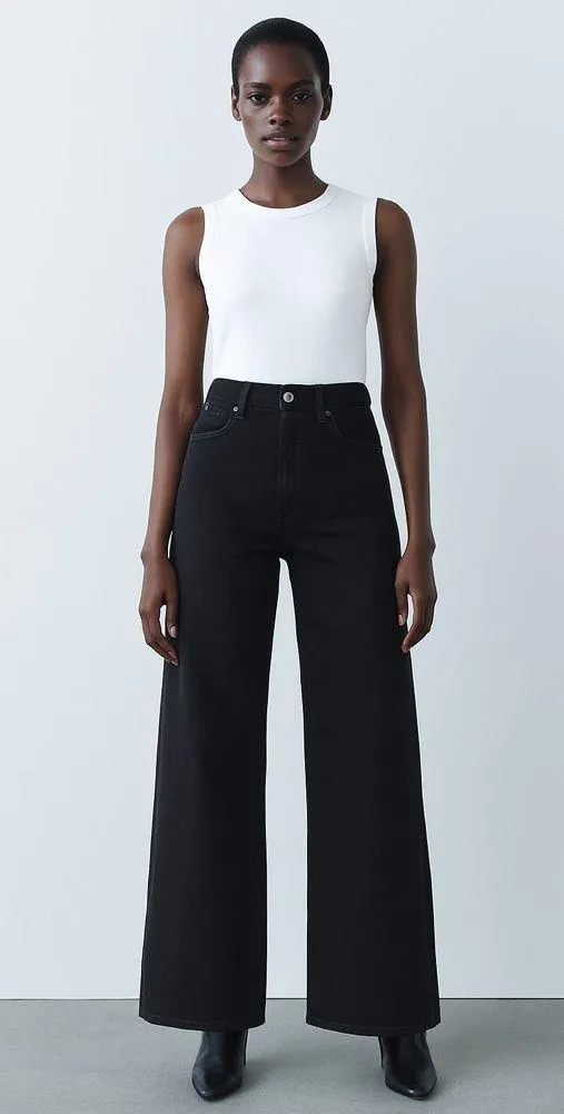 Zara Women's Black High Waisted Wide Leg Baggy Palazzo Denim Jeans Pants Size 0 - Image 6