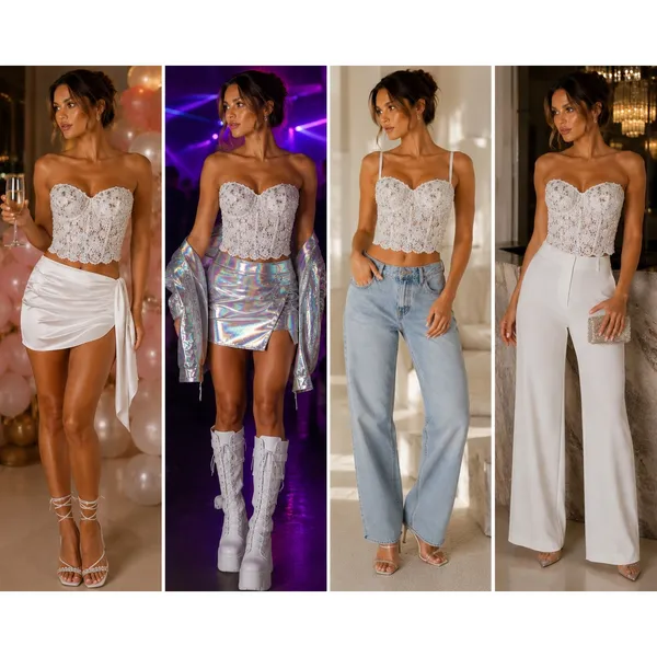 White Lace Bustier Crop Top Womens M Beaded Rhinestone Corset Cami Y2K Bridal - Image 2