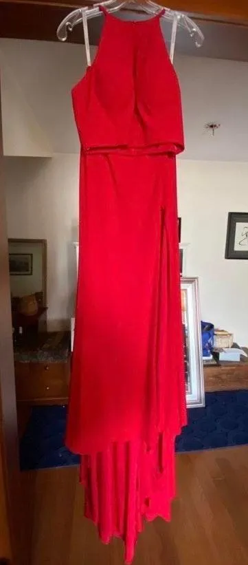 Two Piece Halter High Slit Red Prom Dress - Image 2