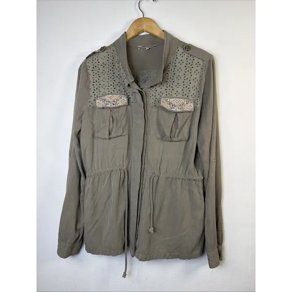 Miss Me Jacket Army Green Dune Drawcord Cotton Embroidered Fairy Grunge Large - Image 2