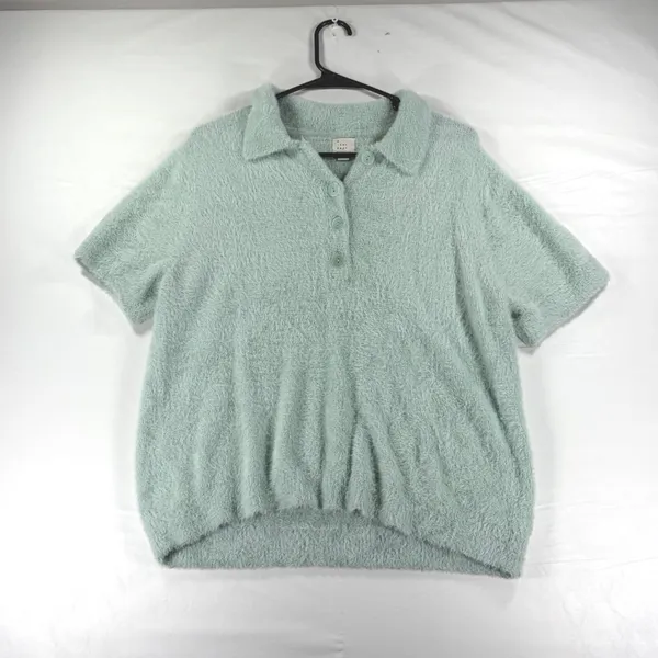 A New Day Sage Green Fuzzy Eyelash Knit Short Sleeve Polo Sweater Large - Image 2