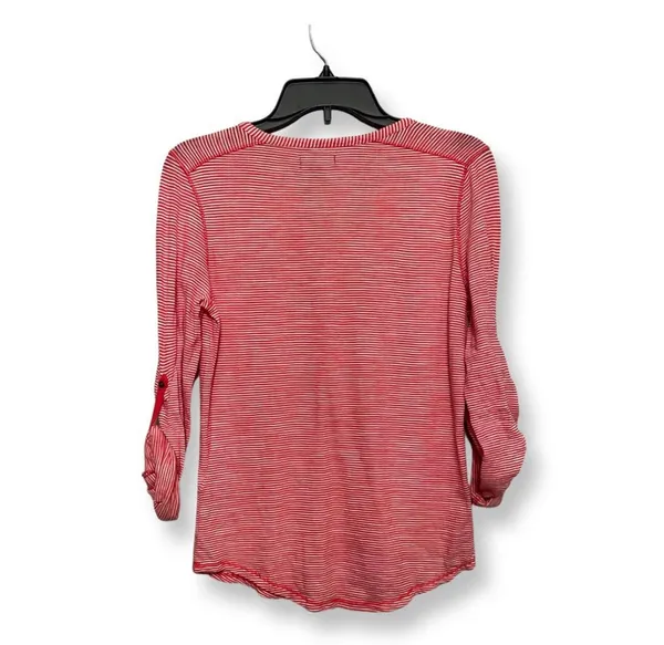 Lucky Brand Womens Henley Shirt RedWhite Stripe Roll Tab Sleeve Pockets S - Image 4