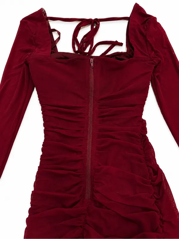 Burgundy Midi Dress Ruched Long-Sleeve | Windsor - Image 7